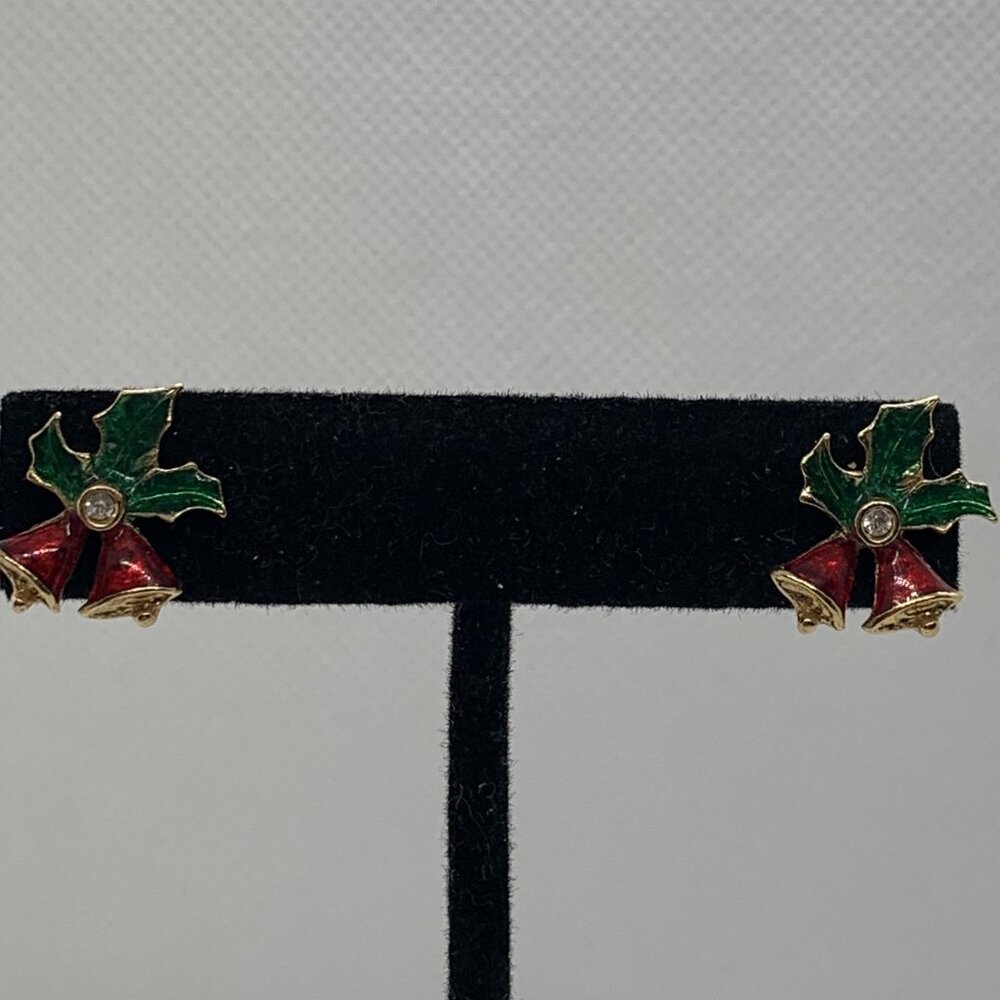 Holiday Bells And Holly Enamel Earrings Red Green Festive Studs Christmas Jewelr